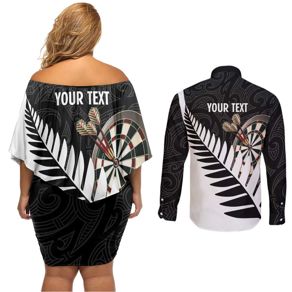 Personalised New Zealand Darts Couples Matching Off Shoulder Short Dress and Long Sleeve Button Shirt Silver Fern Aotearoa Maori Pattern - Aussie Hoodie