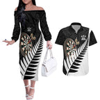 Personalised New Zealand Darts Couples Matching Off The Shoulder Long Sleeve Dress and Hawaiian Shirt Silver Fern Aotearoa Maori Pattern - Aussie Hoodie