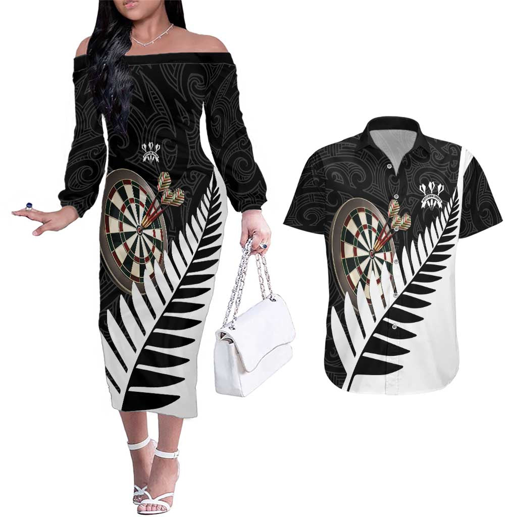 Personalised New Zealand Darts Couples Matching Off The Shoulder Long Sleeve Dress and Hawaiian Shirt Silver Fern Aotearoa Maori Pattern - Aussie Hoodie