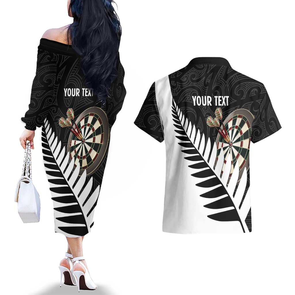 Personalised New Zealand Darts Couples Matching Off The Shoulder Long Sleeve Dress and Hawaiian Shirt Silver Fern Aotearoa Maori Pattern - Aussie Hoodie