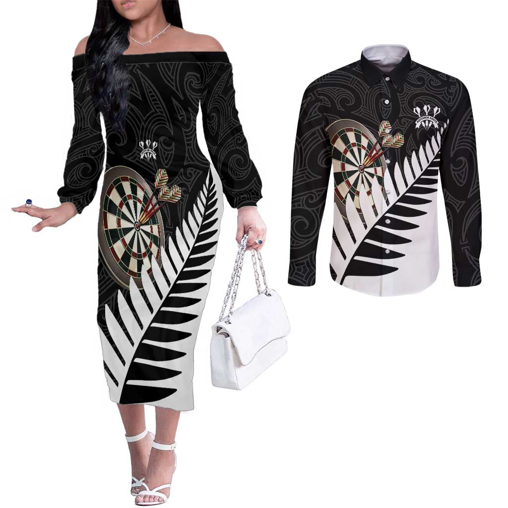 Personalised New Zealand Darts Couples Matching Off The Shoulder Long Sleeve Dress and Long Sleeve Button Shirt Silver Fern Aotearoa Maori Pattern - Aussie Hoodie