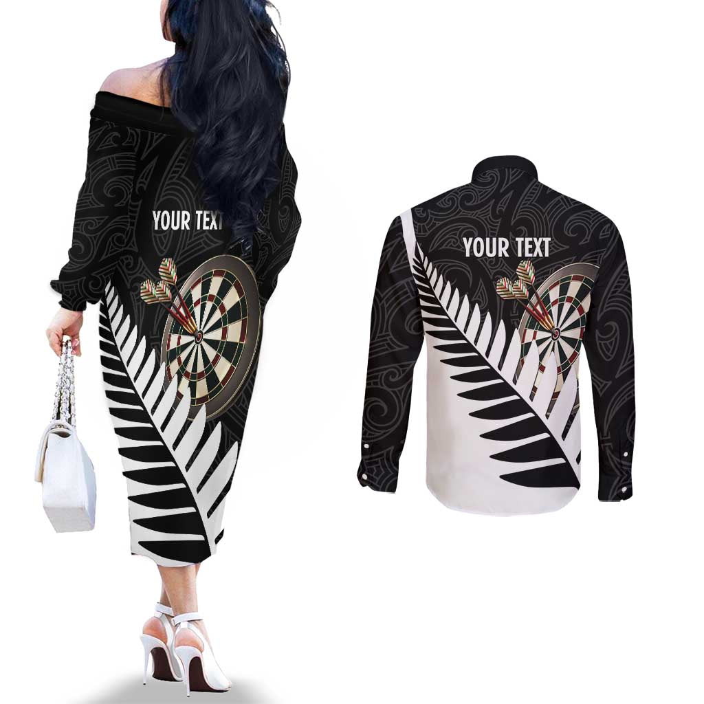 Personalised New Zealand Darts Couples Matching Off The Shoulder Long Sleeve Dress and Long Sleeve Button Shirt Silver Fern Aotearoa Maori Pattern - Aussie Hoodie