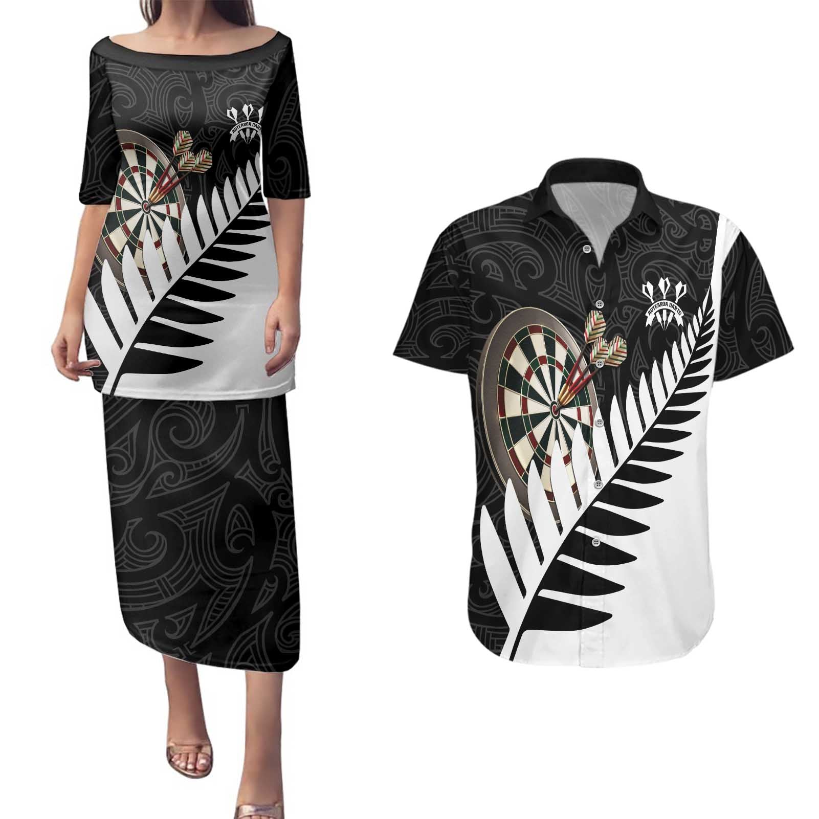 Personalised New Zealand Darts Couples Matching Puletasi and Hawaiian Shirt Silver Fern Aotearoa Maori Pattern - Aussie Hoodie