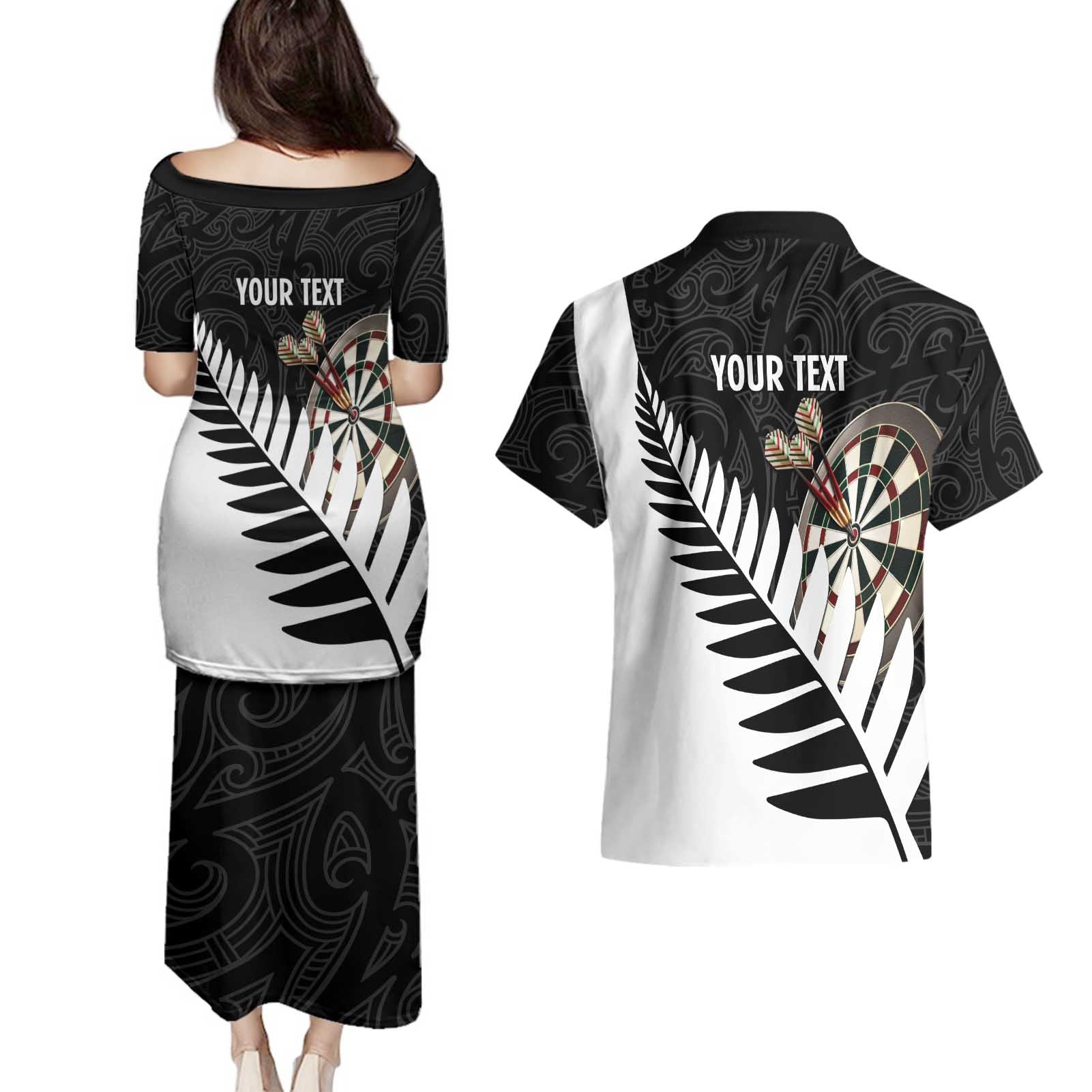 Personalised New Zealand Darts Couples Matching Puletasi and Hawaiian Shirt Silver Fern Aotearoa Maori Pattern - Aussie Hoodie