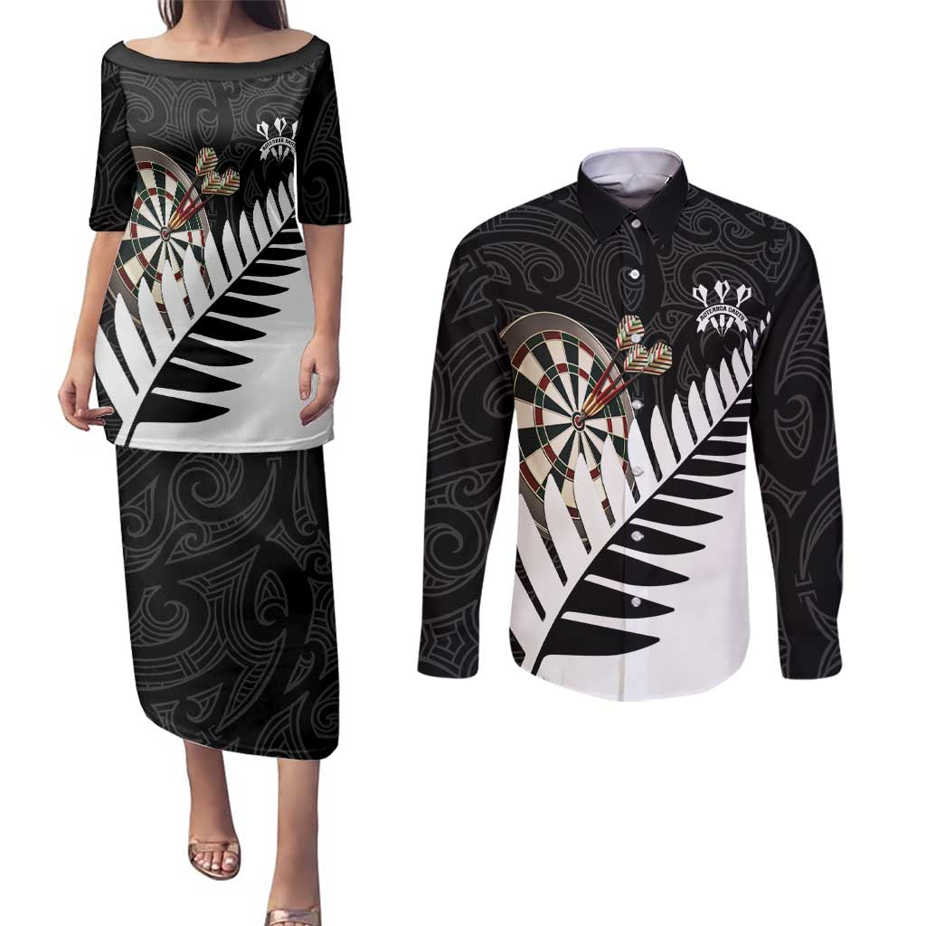 Personalised New Zealand Darts Couples Matching Puletasi and Long Sleeve Button Shirt Silver Fern Aotearoa Maori Pattern - Aussie Hoodie
