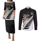 Personalised New Zealand Darts Couples Matching Puletasi and Long Sleeve Button Shirt Silver Fern Aotearoa Maori Pattern - Aussie Hoodie