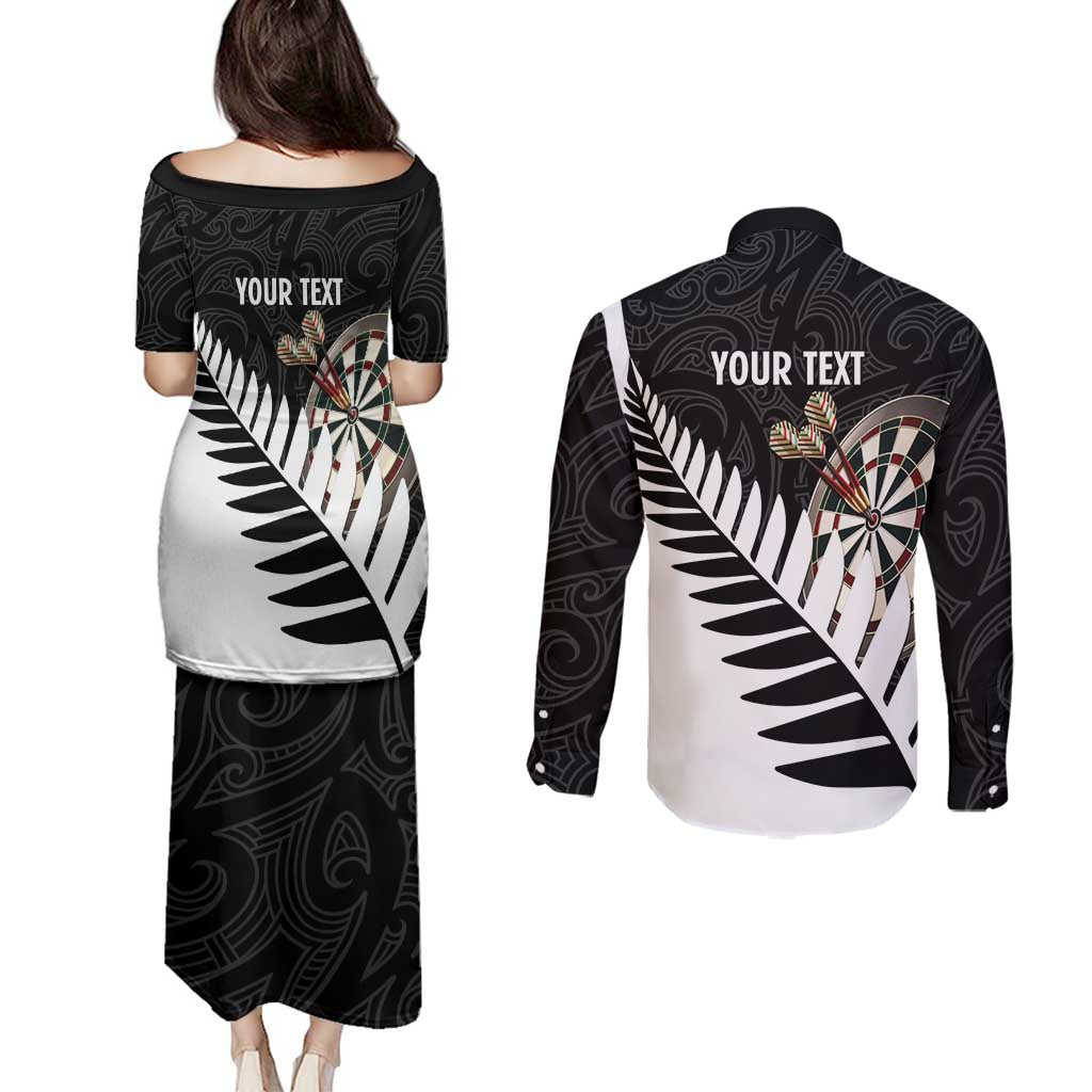 Personalised New Zealand Darts Couples Matching Puletasi and Long Sleeve Button Shirt Silver Fern Aotearoa Maori Pattern - Aussie Hoodie