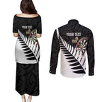 Personalised New Zealand Darts Couples Matching Puletasi and Long Sleeve Button Shirt Silver Fern Aotearoa Maori Pattern - Aussie Hoodie