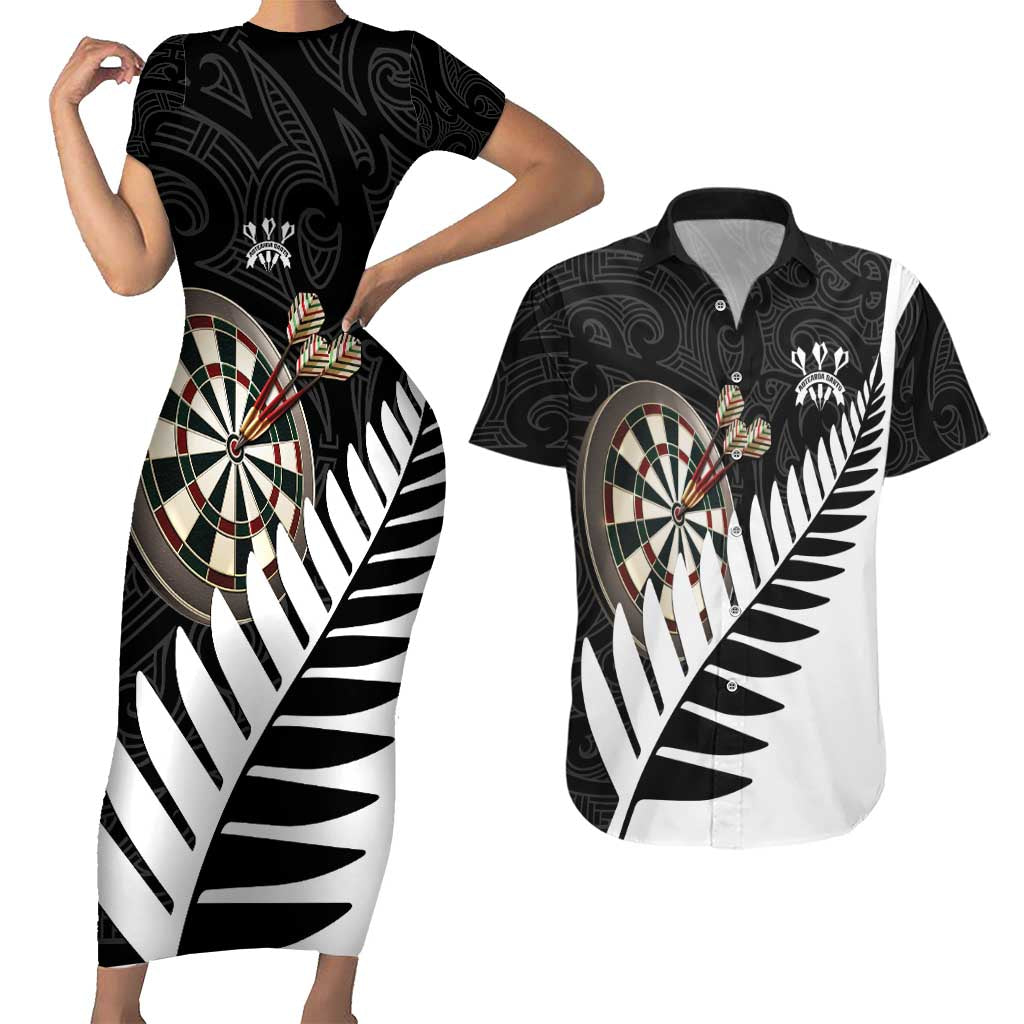 Personalised New Zealand Darts Couples Matching Short Sleeve Bodycon Dress and Hawaiian Shirt Silver Fern Aotearoa Maori Pattern - Aussie Hoodie