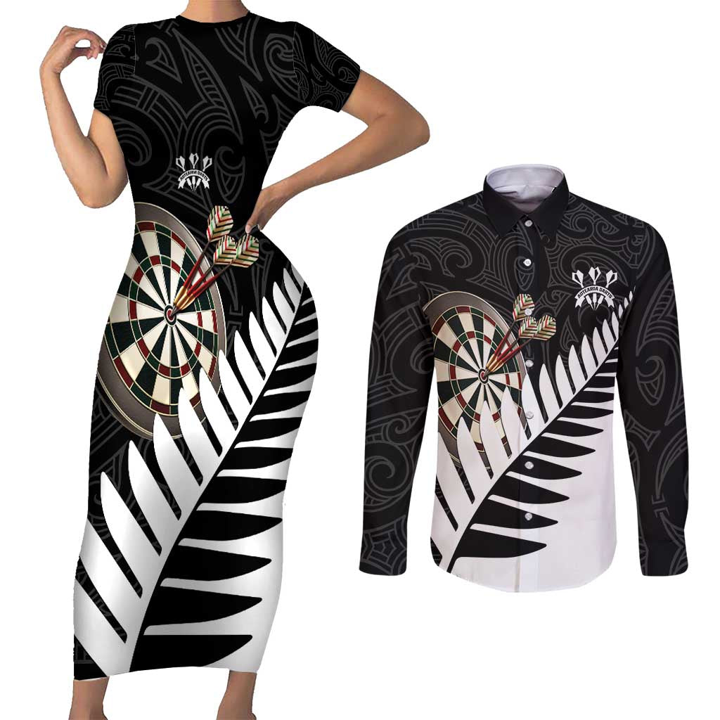 Personalised New Zealand Darts Couples Matching Short Sleeve Bodycon Dress and Long Sleeve Button Shirt Silver Fern Aotearoa Maori Pattern - Aussie Hoodie
