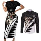 Personalised New Zealand Darts Couples Matching Short Sleeve Bodycon Dress and Long Sleeve Button Shirt Silver Fern Aotearoa Maori Pattern - Aussie Hoodie