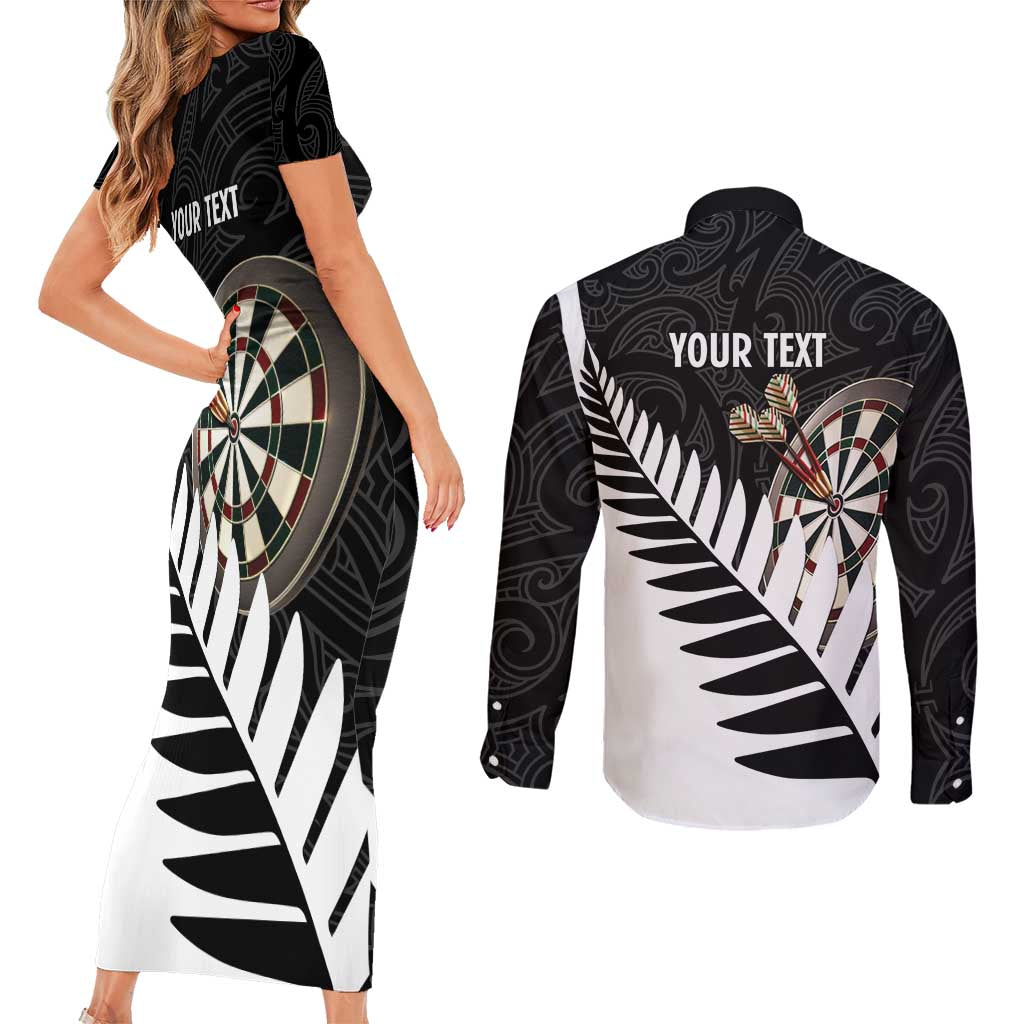 Personalised New Zealand Darts Couples Matching Short Sleeve Bodycon Dress and Long Sleeve Button Shirt Silver Fern Aotearoa Maori Pattern - Aussie Hoodie