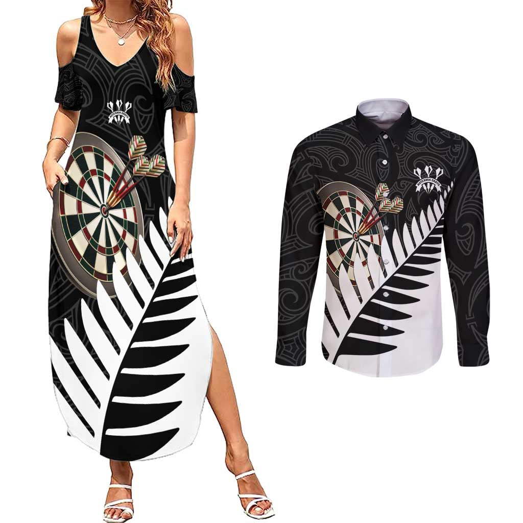 Personalised New Zealand Darts Couples Matching Summer Maxi Dress and Long Sleeve Button Shirt Silver Fern Aotearoa Maori Pattern - Aussie Hoodie