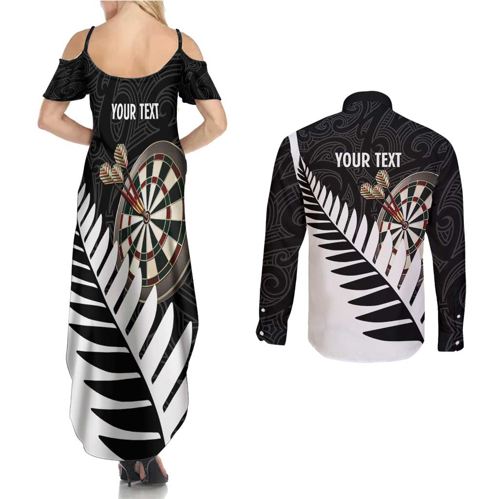 Personalised New Zealand Darts Couples Matching Summer Maxi Dress and Long Sleeve Button Shirt Silver Fern Aotearoa Maori Pattern - Aussie Hoodie