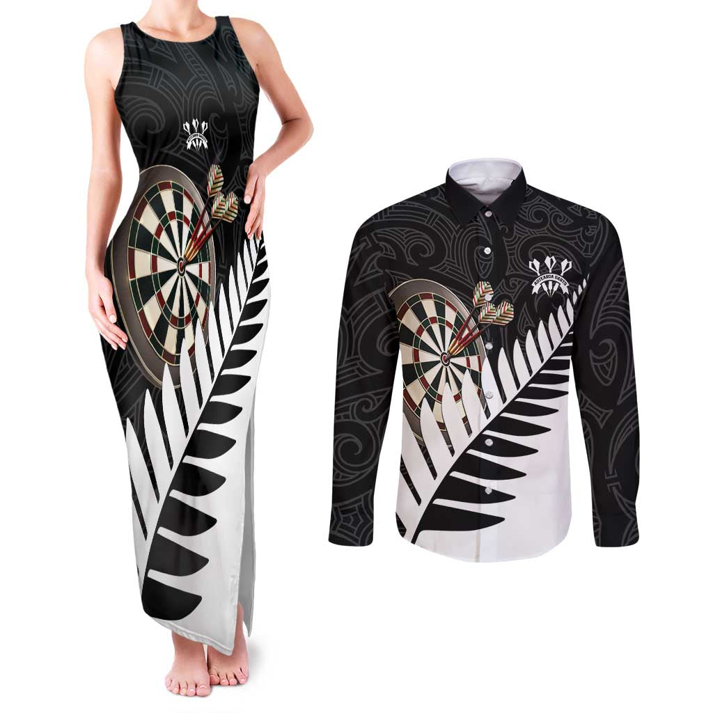 Personalised New Zealand Darts Couples Matching Tank Maxi Dress and Long Sleeve Button Shirt Silver Fern Aotearoa Maori Pattern - Aussie Hoodie