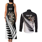Personalised New Zealand Darts Couples Matching Tank Maxi Dress and Long Sleeve Button Shirt Silver Fern Aotearoa Maori Pattern - Aussie Hoodie