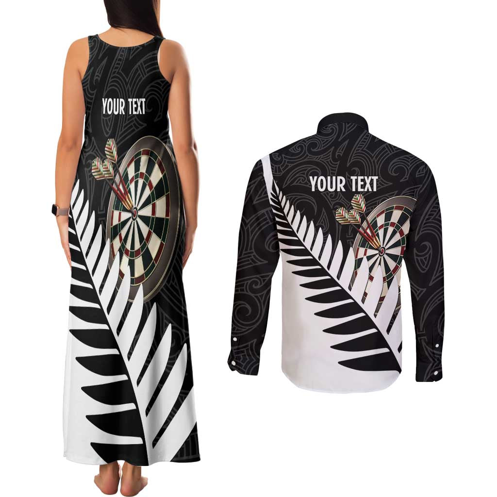 Personalised New Zealand Darts Couples Matching Tank Maxi Dress and Long Sleeve Button Shirt Silver Fern Aotearoa Maori Pattern - Aussie Hoodie