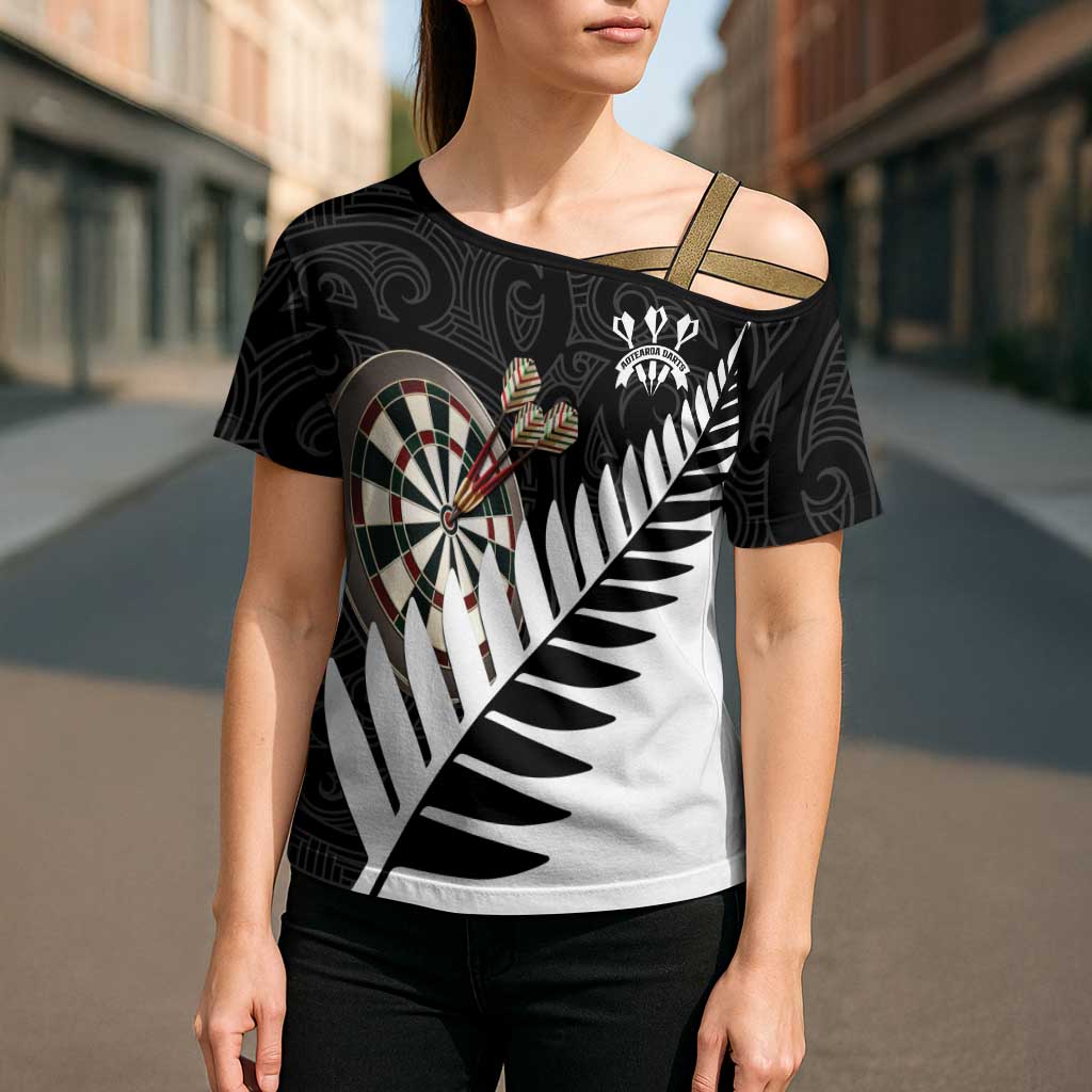 Personalised New Zealand Darts Cross Shoulder Shirt Silver Fern Aotearoa Maori Pattern - Aussie Hoodie