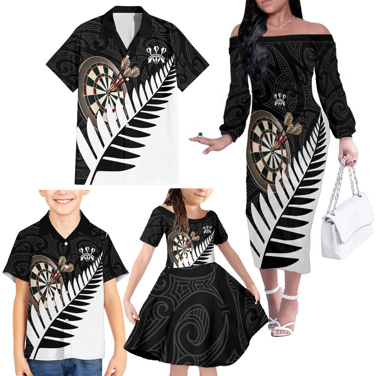 Personalised New Zealand Darts Family Matching Off The Shoulder Long Sleeve Dress and Hawaiian Shirt Silver Fern Aotearoa Maori Pattern - Aussie Hoodie