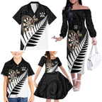 Personalised New Zealand Darts Family Matching Off The Shoulder Long Sleeve Dress and Hawaiian Shirt Silver Fern Aotearoa Maori Pattern - Aussie Hoodie