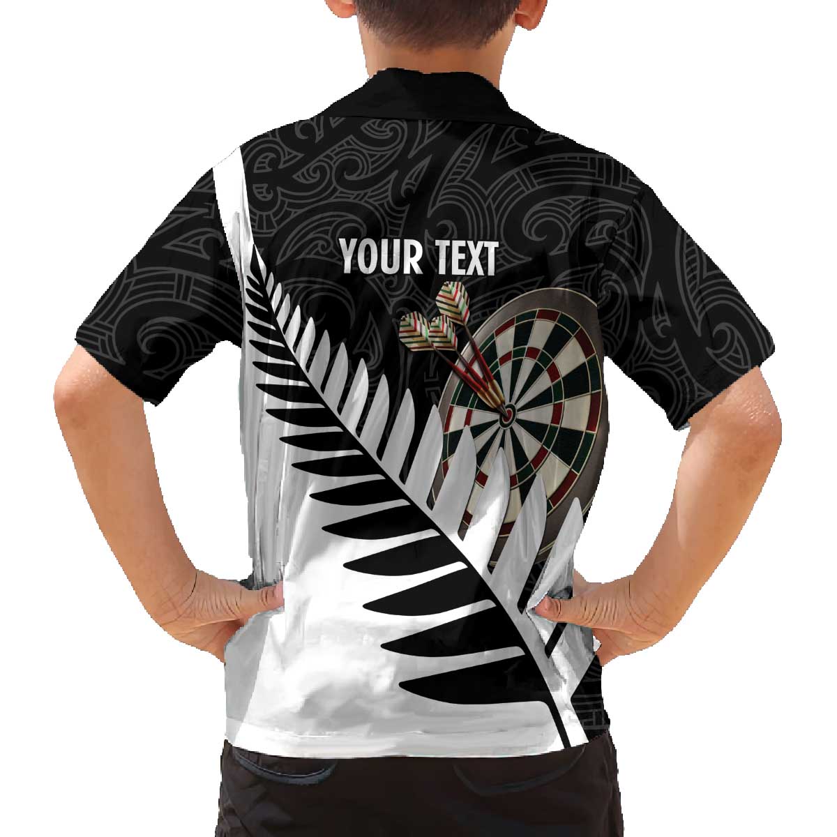 Personalised New Zealand Darts Family Matching Off The Shoulder Long Sleeve Dress and Hawaiian Shirt Silver Fern Aotearoa Maori Pattern - Aussie Hoodie