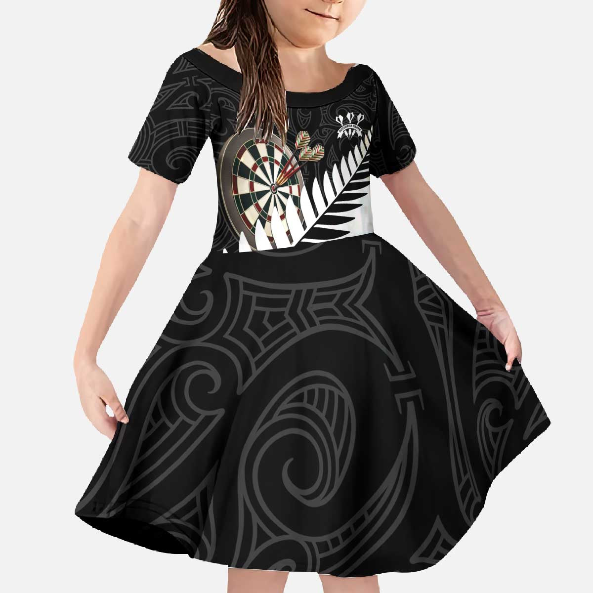 Personalised New Zealand Darts Family Matching Off The Shoulder Long Sleeve Dress and Hawaiian Shirt Silver Fern Aotearoa Maori Pattern - Aussie Hoodie