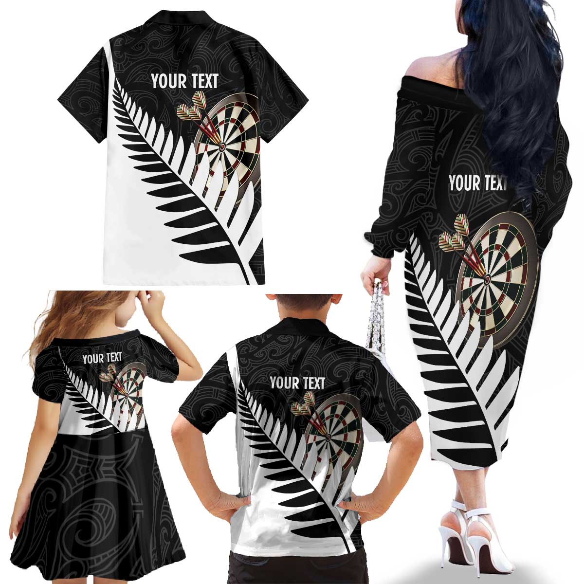 Personalised New Zealand Darts Family Matching Off The Shoulder Long Sleeve Dress and Hawaiian Shirt Silver Fern Aotearoa Maori Pattern - Aussie Hoodie
