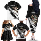 Personalised New Zealand Darts Family Matching Off The Shoulder Long Sleeve Dress and Hawaiian Shirt Silver Fern Aotearoa Maori Pattern - Aussie Hoodie