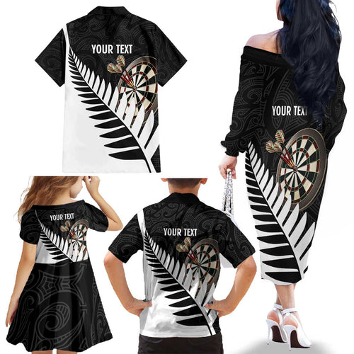 Personalised New Zealand Darts Family Matching Off The Shoulder Long Sleeve Dress and Hawaiian Shirt Silver Fern Aotearoa Maori Pattern - Aussie Hoodie