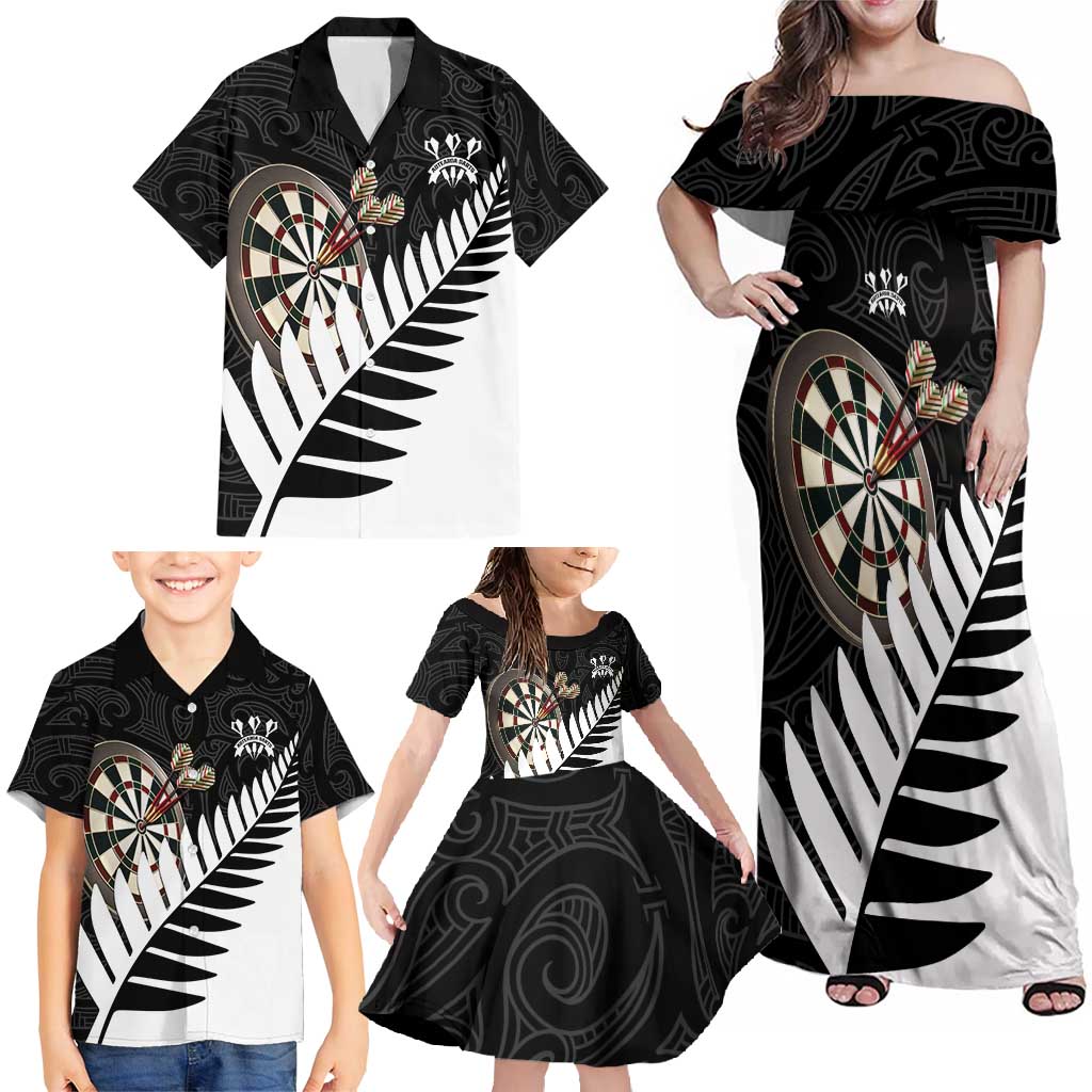 Personalised New Zealand Darts Family Matching Off Shoulder Maxi Dress and Hawaiian Shirt Silver Fern Aotearoa Maori Pattern - Aussie Hoodie