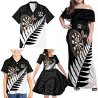 Personalised New Zealand Darts Family Matching Off Shoulder Maxi Dress and Hawaiian Shirt Silver Fern Aotearoa Maori Pattern - Aussie Hoodie