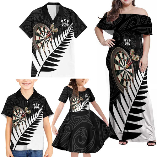 Personalised New Zealand Darts Family Matching Off Shoulder Maxi Dress and Hawaiian Shirt Silver Fern Aotearoa Maori Pattern - Aussie Hoodie
