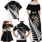 Personalised New Zealand Darts Family Matching Off Shoulder Maxi Dress and Hawaiian Shirt Silver Fern Aotearoa Maori Pattern - Aussie Hoodie