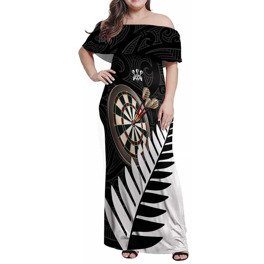 Personalised New Zealand Darts Family Matching Off Shoulder Maxi Dress and Hawaiian Shirt Silver Fern Aotearoa Maori Pattern - Aussie Hoodie