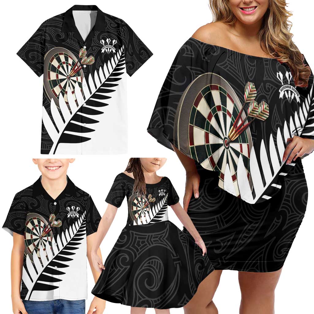 Personalised New Zealand Darts Family Matching Off Shoulder Short Dress and Hawaiian Shirt Silver Fern Aotearoa Maori Pattern - Aussie Hoodie