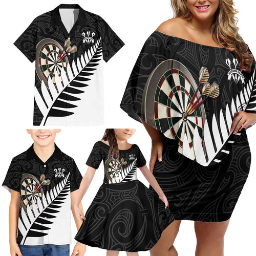 Personalised New Zealand Darts Family Matching Off Shoulder Short Dress and Hawaiian Shirt Silver Fern Aotearoa Maori Pattern - Aussie Hoodie