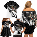 Personalised New Zealand Darts Family Matching Off Shoulder Short Dress and Hawaiian Shirt Silver Fern Aotearoa Maori Pattern - Aussie Hoodie
