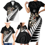 Personalised New Zealand Darts Family Matching Short Sleeve Bodycon Dress and Hawaiian Shirt Silver Fern Aotearoa Maori Pattern - Aussie Hoodie