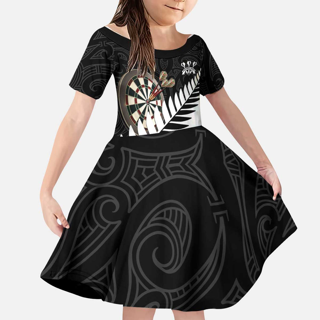 Personalised New Zealand Darts Kid Short Sleeve Dress Silver Fern Aotearoa Maori Pattern - Aussie Hoodie