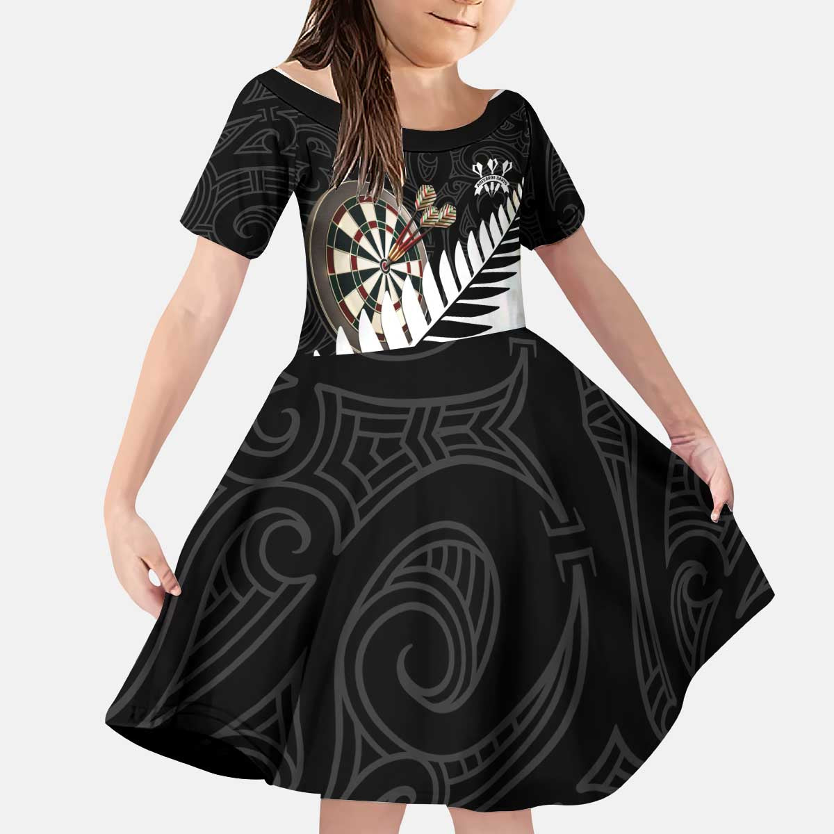 Personalised New Zealand Darts Kid Short Sleeve Dress Silver Fern Aotearoa Maori Pattern - Aussie Hoodie