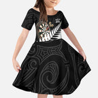 Personalised New Zealand Darts Kid Short Sleeve Dress Silver Fern Aotearoa Maori Pattern - Aussie Hoodie