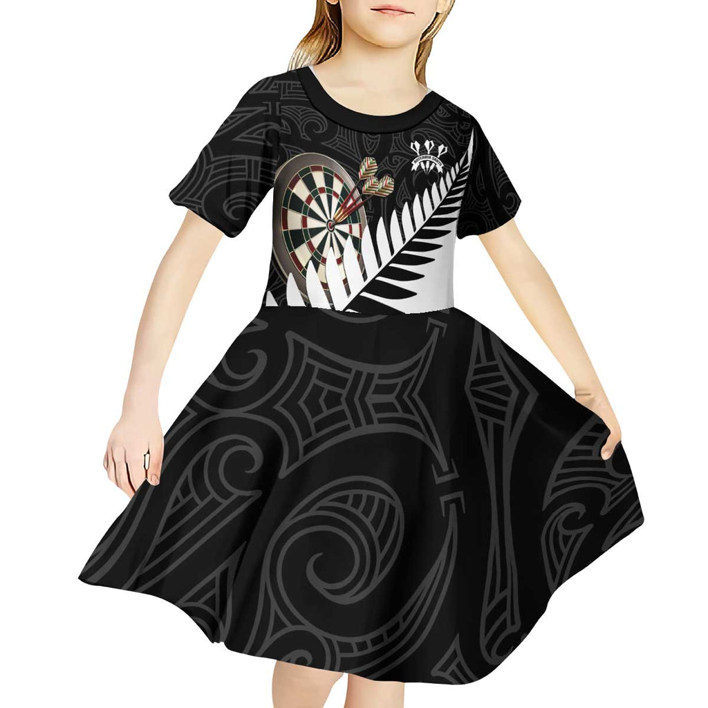 Personalised New Zealand Darts Kid Short Sleeve Dress Silver Fern Aotearoa Maori Pattern - Aussie Hoodie