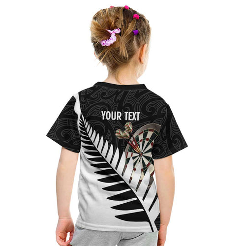 Personalised New Zealand Darts Kid T Shirt Silver Fern Aotearoa Maori Pattern - Aussie Hoodie