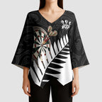 Personalised New Zealand Darts Kimono Sleeve Blouse Silver Fern Aotearoa Maori Pattern - Aussie Hoodie