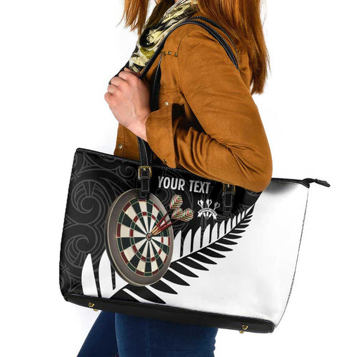 Personalised New Zealand Darts Leather Tote Bag Silver Fern Aotearoa Maori Pattern - Aussie Hoodie