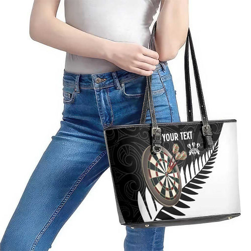 Personalised New Zealand Darts Leather Tote Bag Silver Fern Aotearoa Maori Pattern - Aussie Hoodie