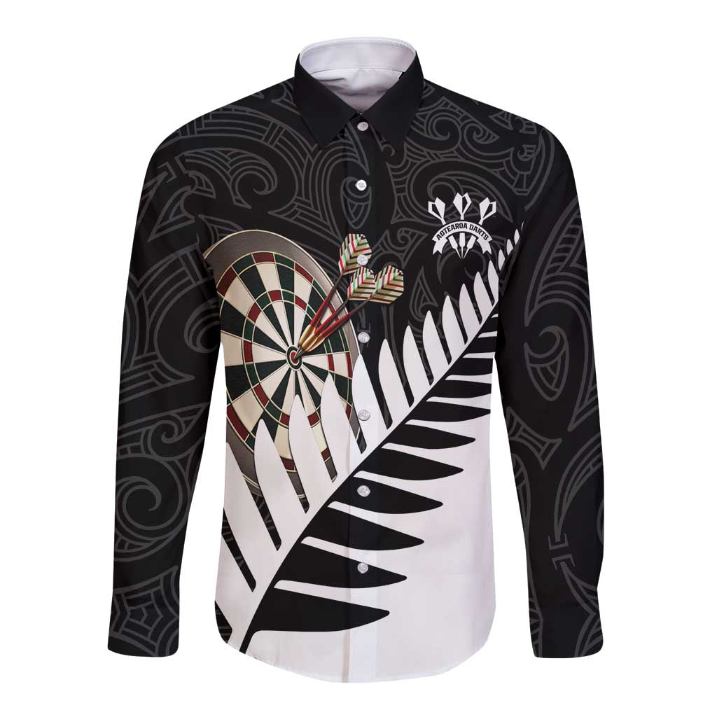 Personalised New Zealand Darts Long Sleeve Button Shirt Silver Fern Aotearoa Maori Pattern - Aussie Hoodie