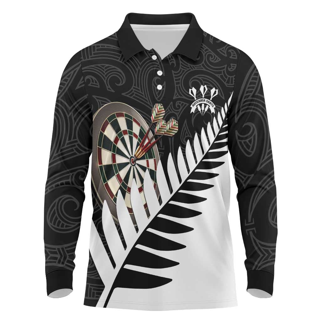 Personalised New Zealand Darts Long Sleeve Polo Shirt Silver Fern Aotearoa Maori Pattern - Aussie Hoodie