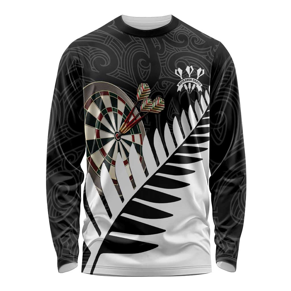 Personalised New Zealand Darts Long Sleeve Shirt Silver Fern Aotearoa Maori Pattern - Aussie Hoodie