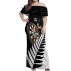 Personalised New Zealand Darts Off Shoulder Maxi Dress Silver Fern Aotearoa Maori Pattern - Aussie Hoodie